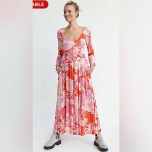 Free People First Date Vibrant Pink and Orange Floral Long Sleeve Dress